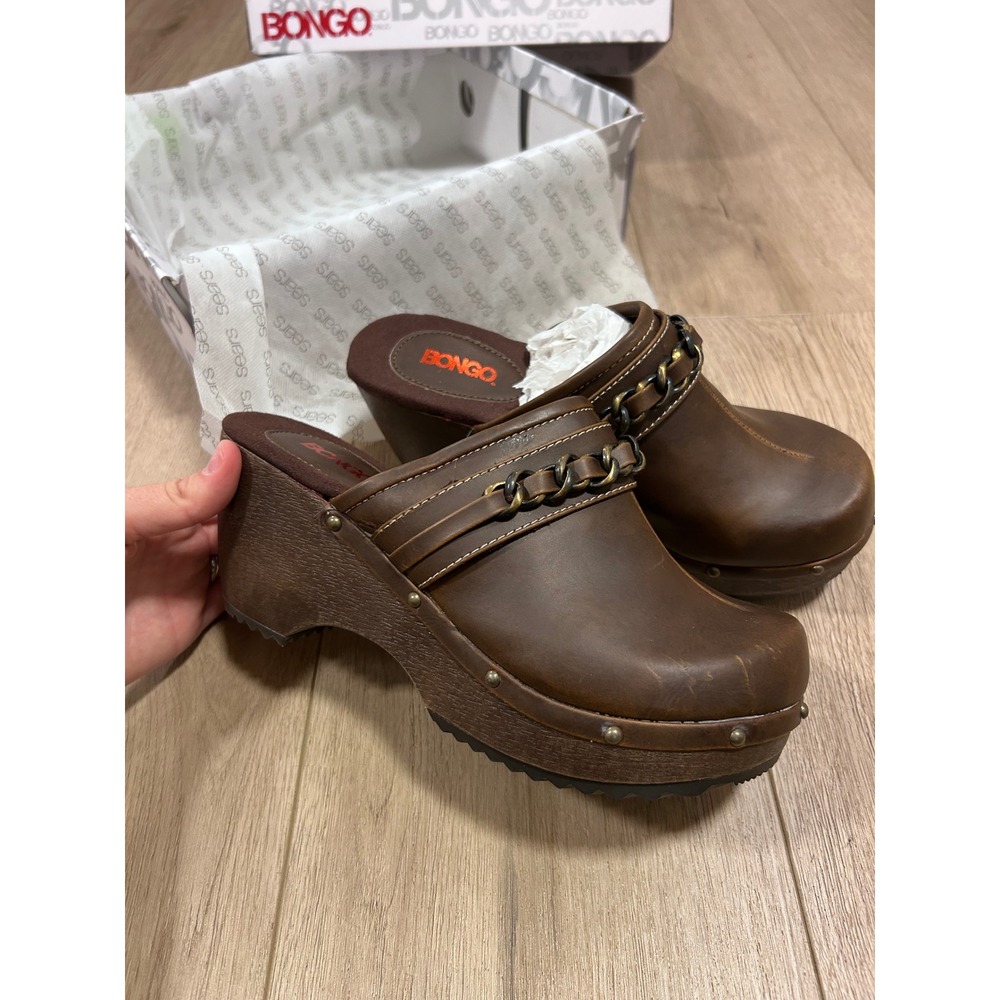 Bongo Baker Brown Platform Clogs Y2K Wedge Mules Chain Detail Women Size 9 71666
